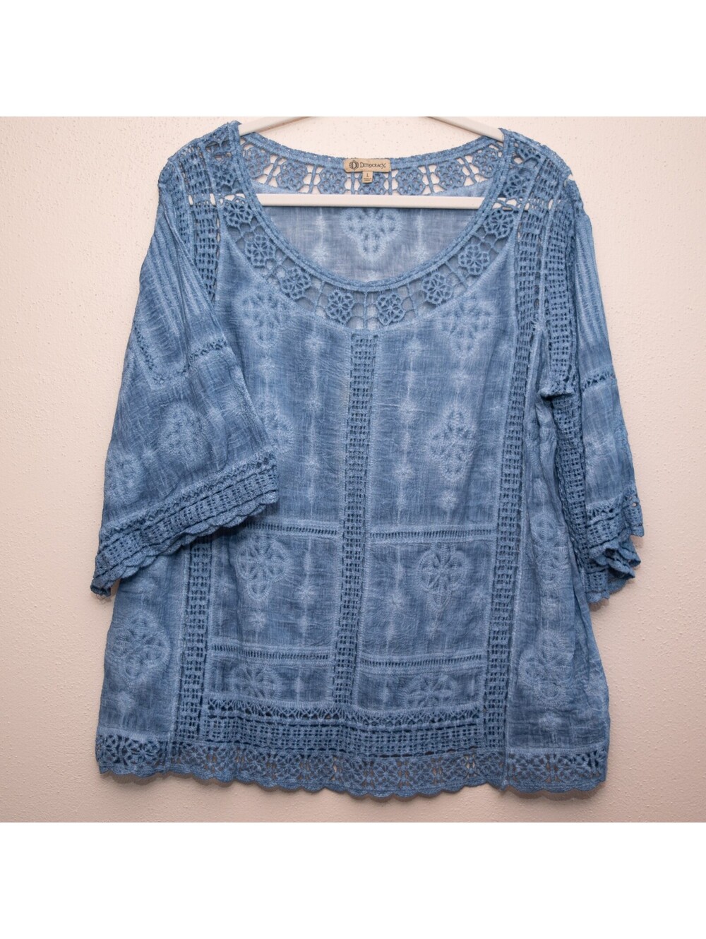 Democracy 100% Cotton Crochet Trim Top Chambray Boho Cottagecore Preppy Wmns L